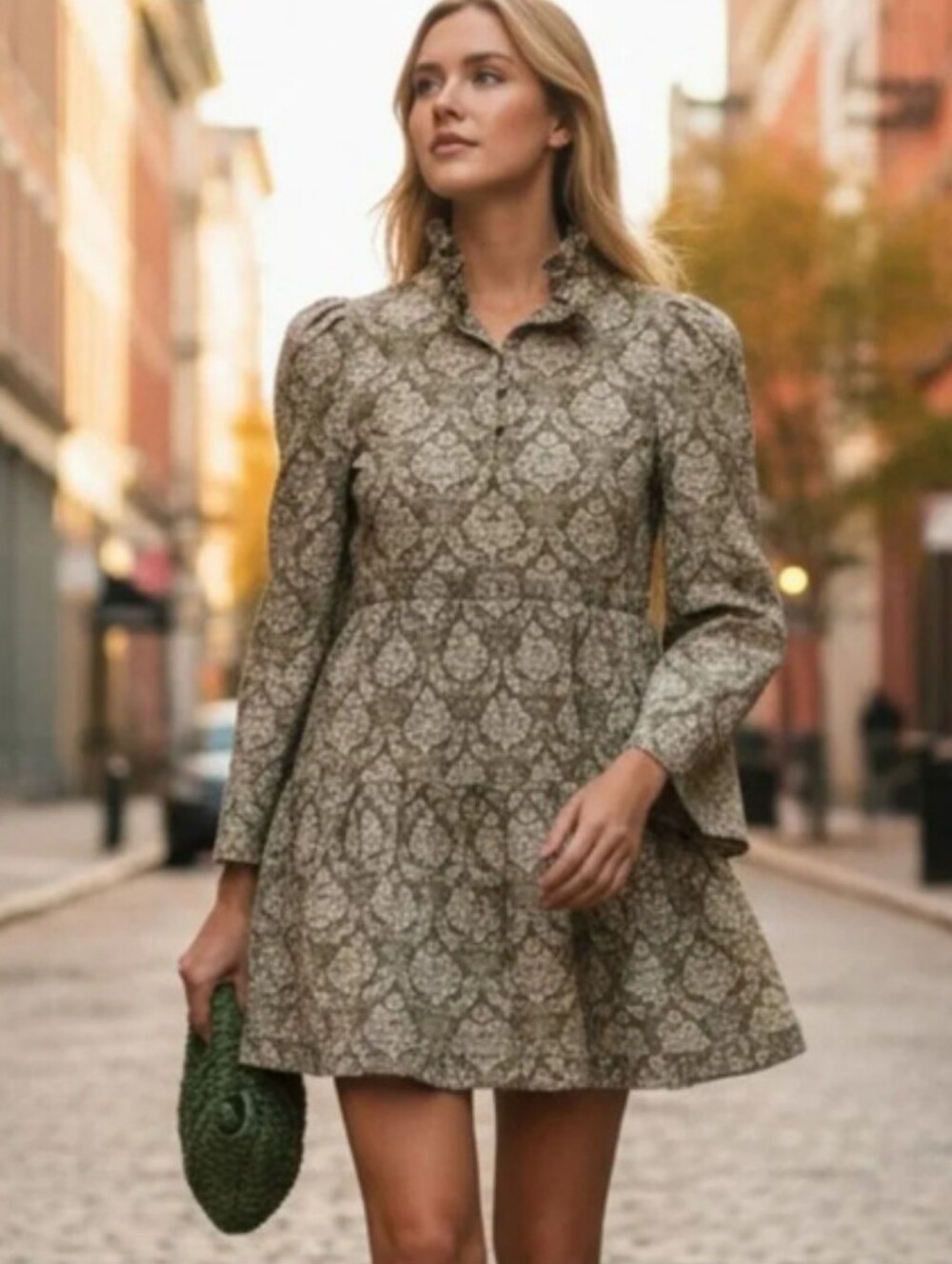 Hyacinth House NEW Moss Printed Russell Mini Dress Olive Small Women's Relaxed
